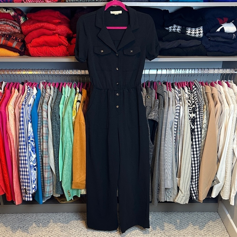 Monteau black short sleeve 4 pocket elastic waist button down jumpsuit size S